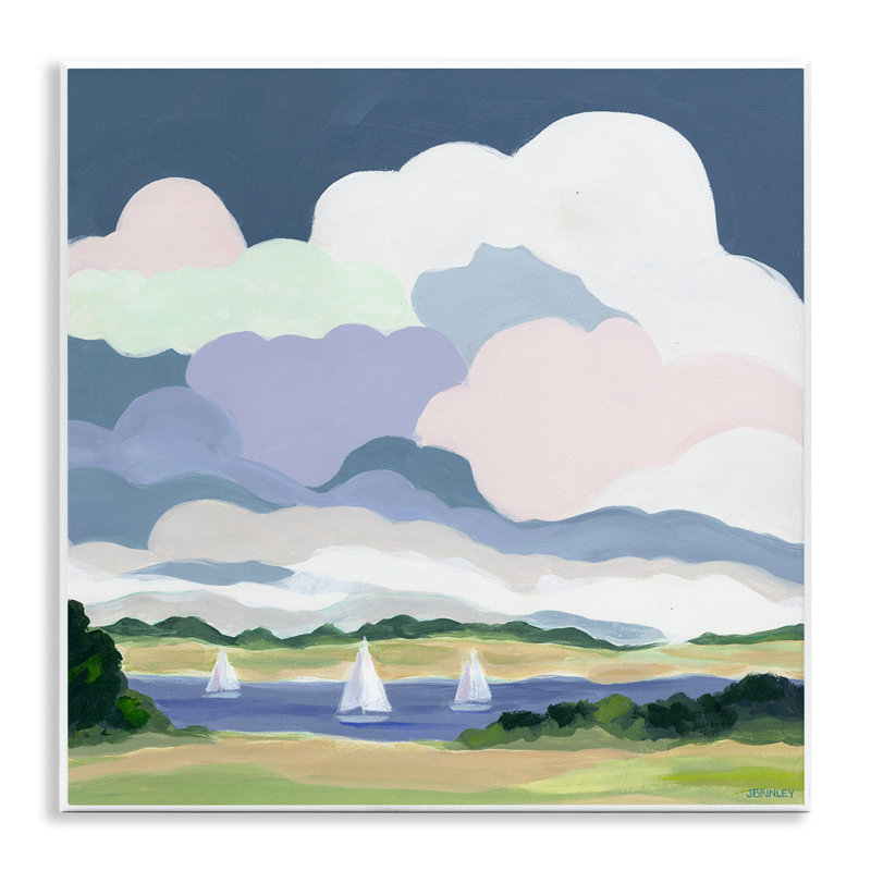 Art mural sur lac, voiliers avec nuages par Jennifer Brinley