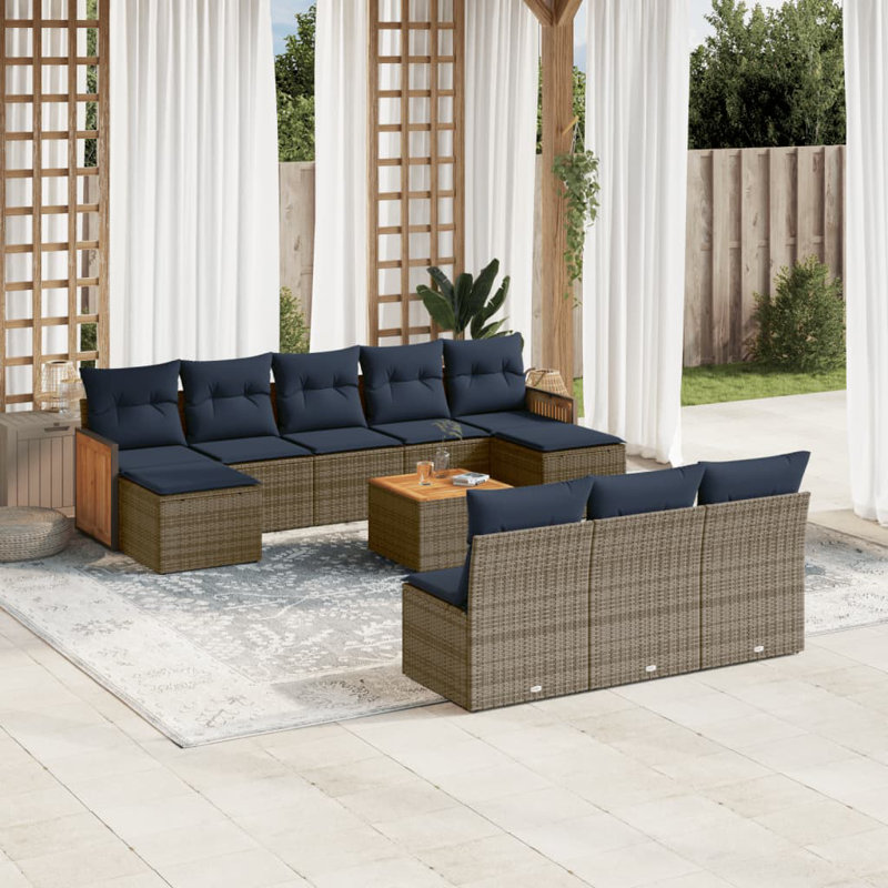  Ensemble de canapé de patio 11 pièces avec coussins en rotin de polyester gris, Gris, Gris
