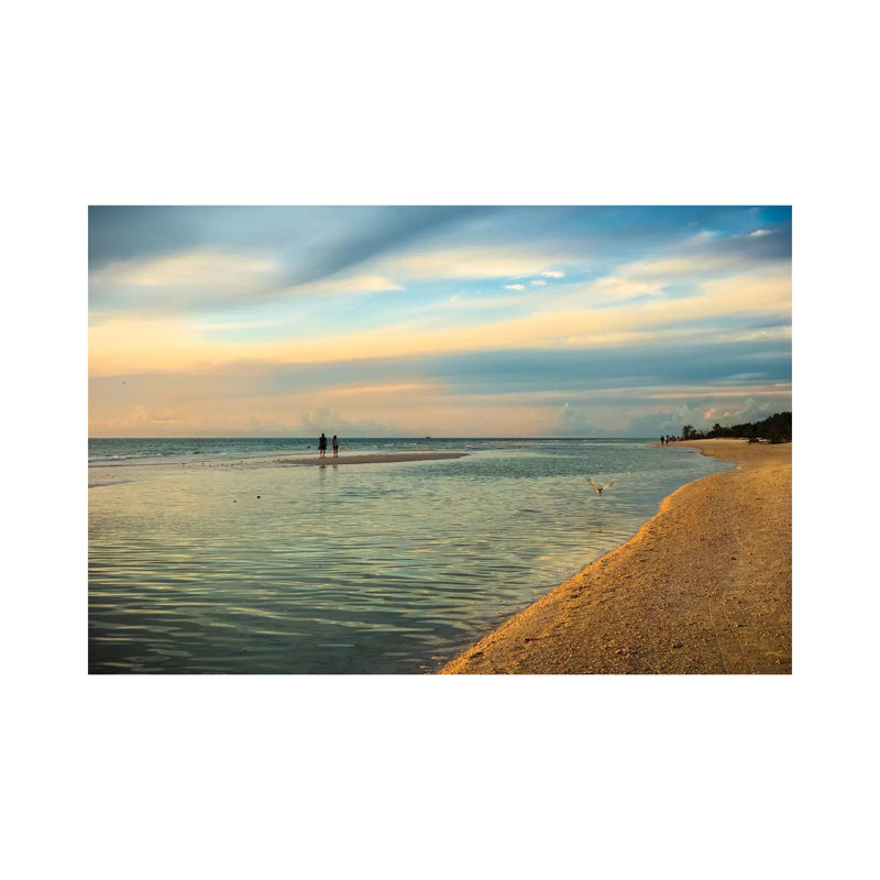 People Standing On A Sandbar In The Water Watching Sunset by Sheila Haddad - Wrapped Canvas Print, 20.32 cm H x 30.48 cm W
