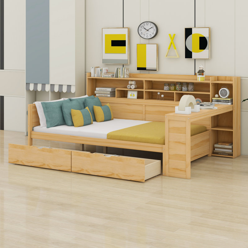 Lit de jour en bois avec tablettes de rangement, lit multifonctionnel, Complet/Double, Gris