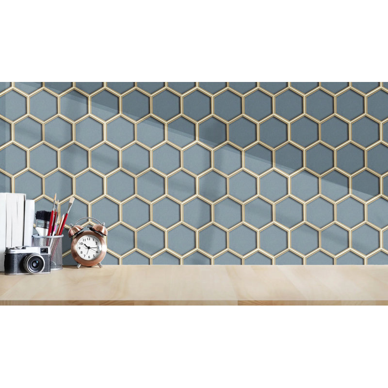 Carreau de mosaïque murale en verre bleu foncé hexagonal 3 po avec bordure argentée 11 po x 9 po (0,7 pi2 / pièce)