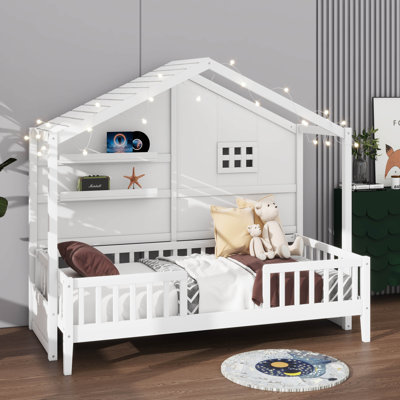 Twin Size House Bed With Shelves, House Bed With Window And Sparkling Light Strip On The Roof