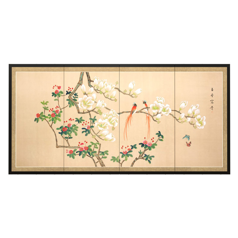 24" Love Birds 4 Panel Room Divider, 36" H x 72" W x 0.63" D