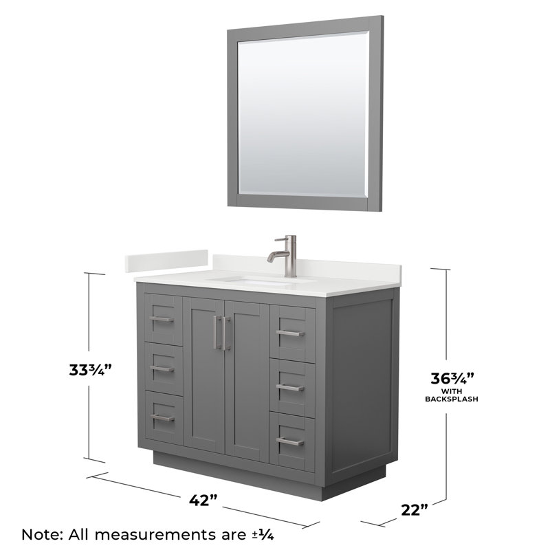 Miranda 42" Freestanding Single Bathroom Vanity with Quartz Top with 34" Mirror, White Quartz, Dark Gray, Brushed Nickel