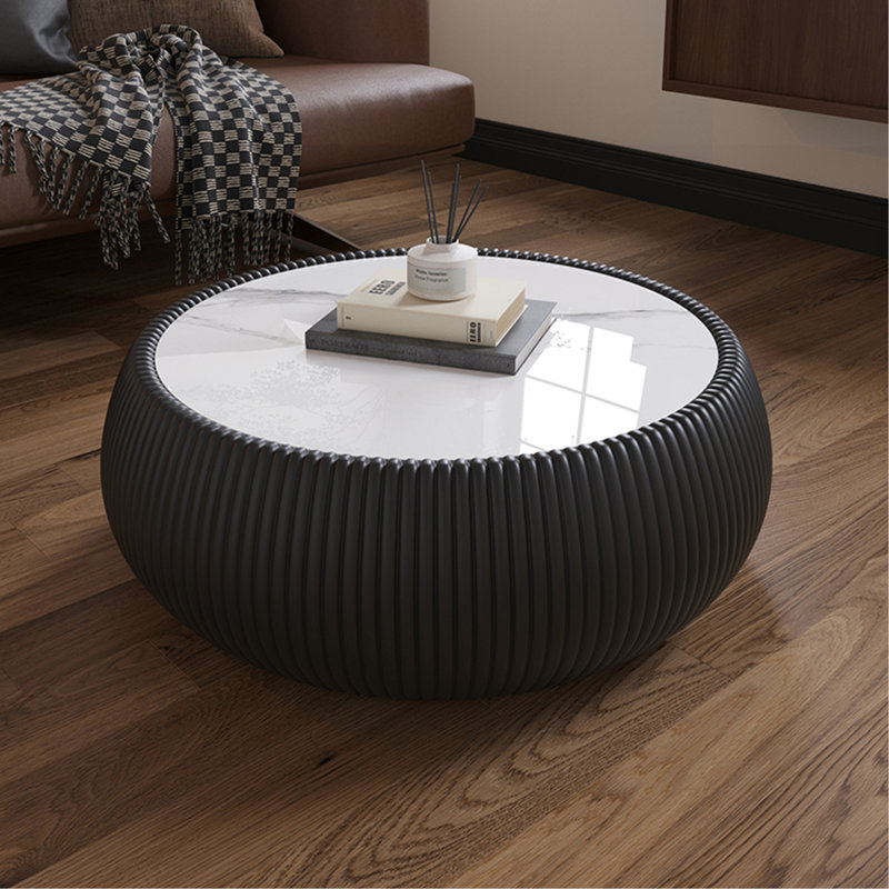 Table basse moderne en cuir clair avec dessus tambour en cuir pour meubles de salon, Polyuréthane noir