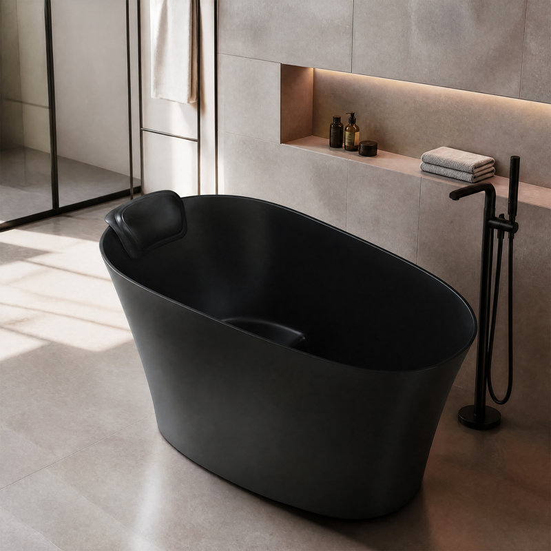 51" Oval Freestanding Solid Surface Bathtub With Integral Seat, Headrest, Overflow & Drain, Black