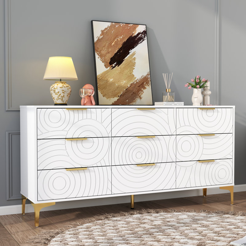 Commode moderne à 9 tiroirs avec détails dorés - rangement spacieux pour la chambre à coucher, blanc, Blanc