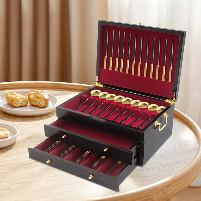 Wooden Silverware Storage Box With Handle