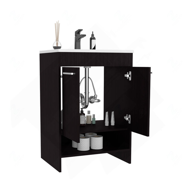 Meuble-lavabo avec quatre tiroirs et deux tablettes ouvertes, noir