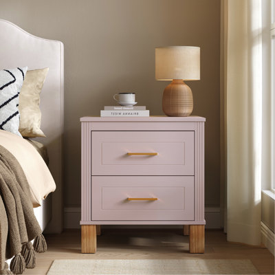 Table de chevet 2 tiroirs, rangement en bois de qualité supérieure avec un design cannelé élégant, table de chevet en bois massif avec poignées en métal, table de chevet haute pour le salon de la chambre à coucher, rose