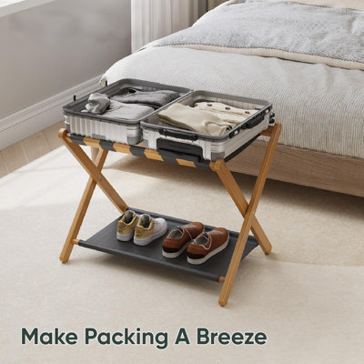 Luggage Rack, Folding Luggage Rack For Guest Room, Bamboo Suitcase Stand Holds Up To 131 Lb, Luggage Stand With Storage Shelf (1 Pack) ， Walnut