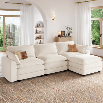 L Shaped Sectional Sofa with Ottoman, Beige