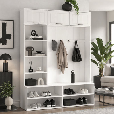 Arbre d'entrée avec banc et rangement pour chaussures, banc d'entrée 5 en 1 avec portemanteau, armoire de rangement moderne avec 4 crochets pour le couloir, l'entrée et le salon