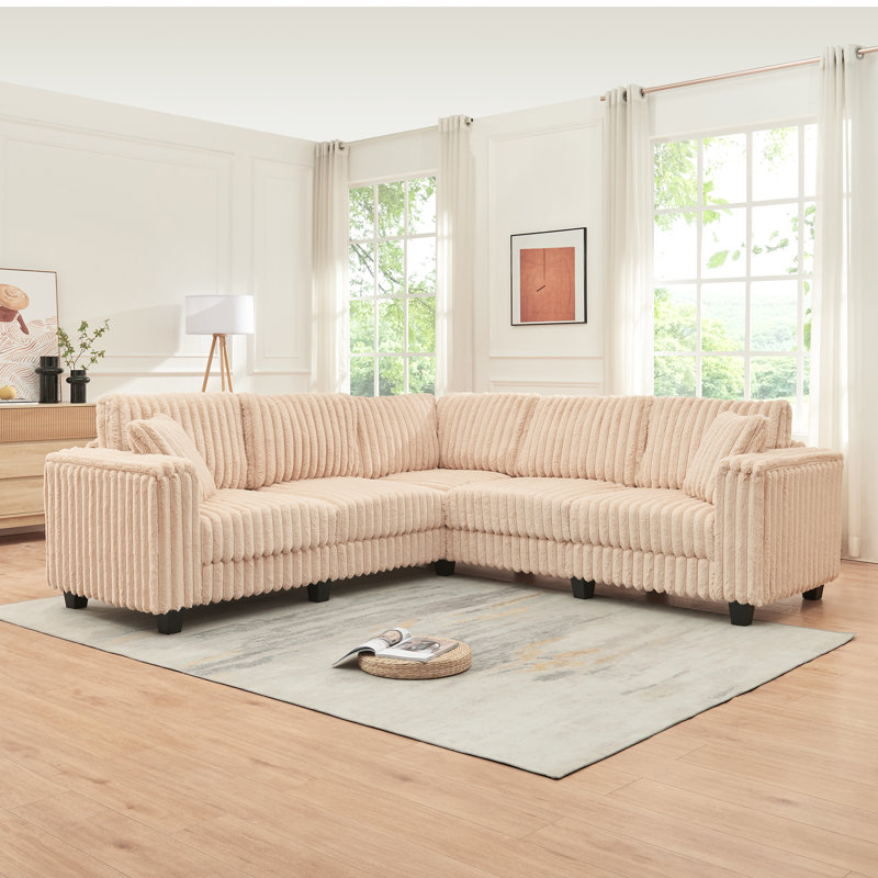 Faux Rabbit Fur L-Shaped Upholstered Sectional Sofa, Beige