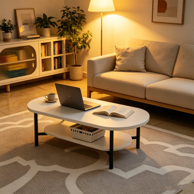 Table basse ovale moderne de 39 po à 2 niveaux, plateau en bois d'ingénierie blanc et pieds en bois au fini noir, tablette centrale de rangement inférieure ouverte pour le salon et les petits appartements
