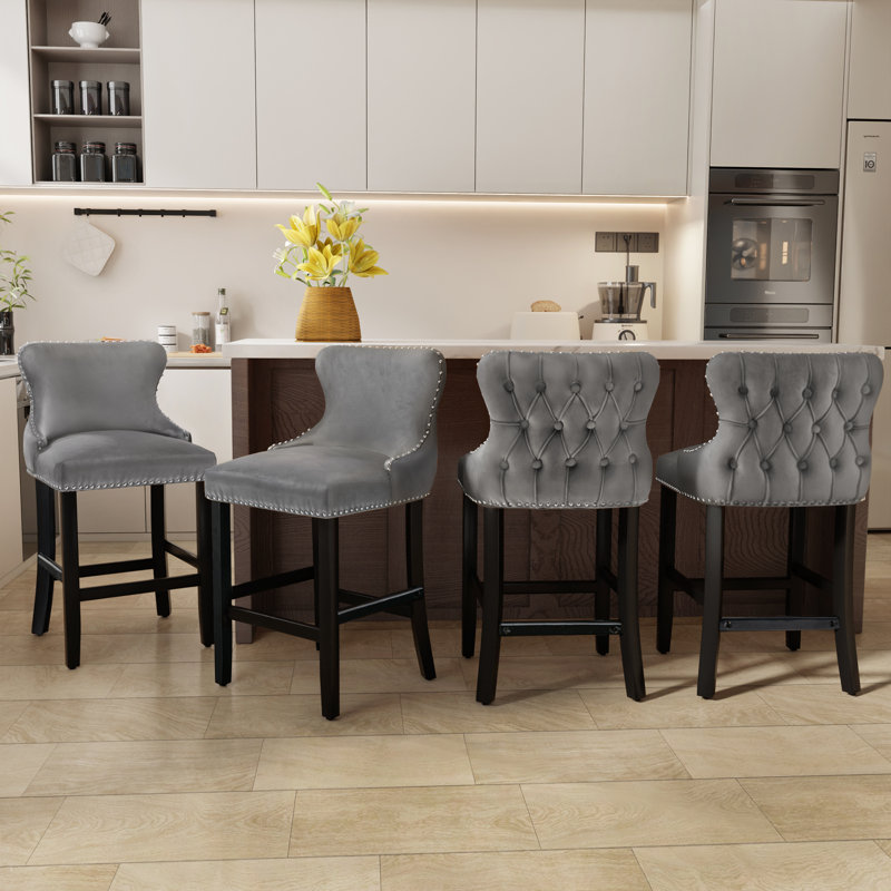  Modern Velvet Upholstered Bar Stools Counter Height Barstools Set of 4, Gray