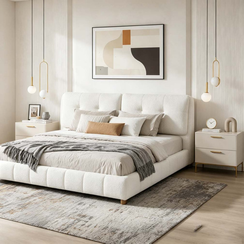 Lit plateforme en tissu crème de style bouclé, King