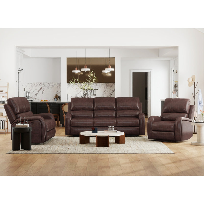 Ensemble de salon inclinable électrique en cuir végétalien 3 pièces avec port de charge USB Rimmer, Marron foncé 