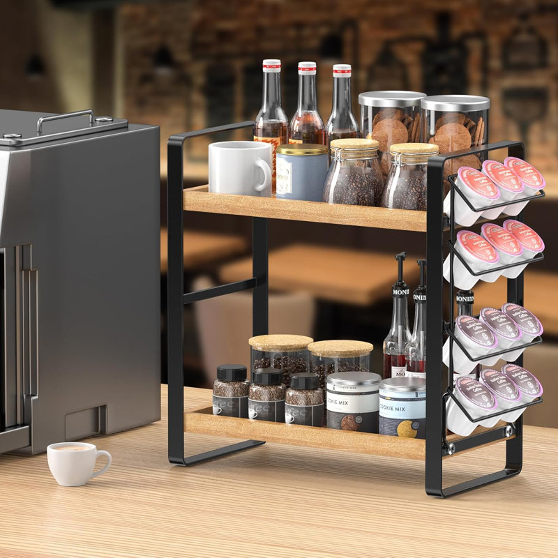 Organisateur de station de café pour le comptoir, chariot de rangement de condiments pour la cuisine, tablette en bois à 2 niveaux pour les accessoires de café, organisateur de café pour la cuisine, la maison, le bureau - brun