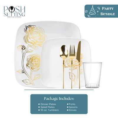 Posh Setting 420 Piece White And Gold Plastic Party Bundle - Peony (60 Settings)
