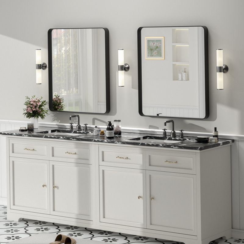 Molly Tempered Glass and Metal Framed French Cleat Mounted Wall Bathroom / Vanity Mirror, Black, 32'' x 28''