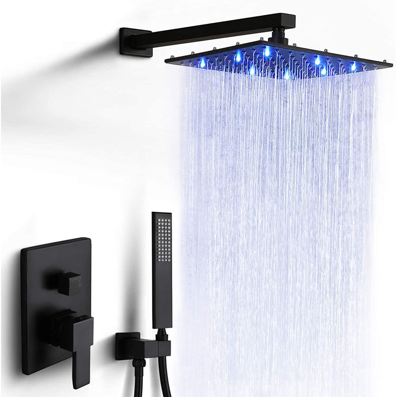 Pommeau de douche carré ultra-mince Mosson 16 po effet pluie, robinet de douche noir mat avec inverseur à 2 fonctions