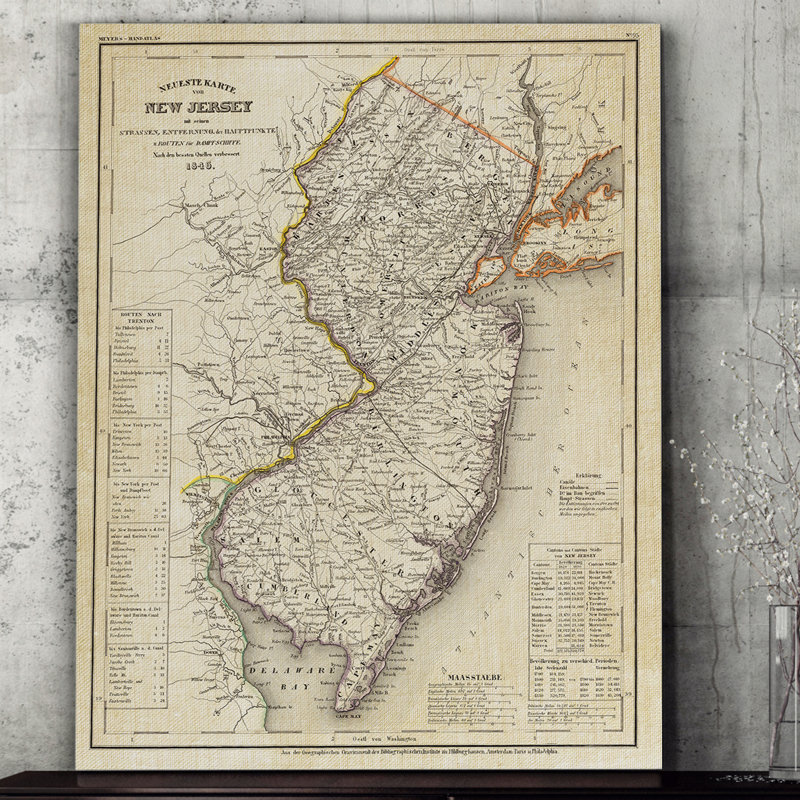 « rétro map new jersey ii », reproduction d’impression sur toile tendue, H 24 po x l 32 po x P 1,5 po