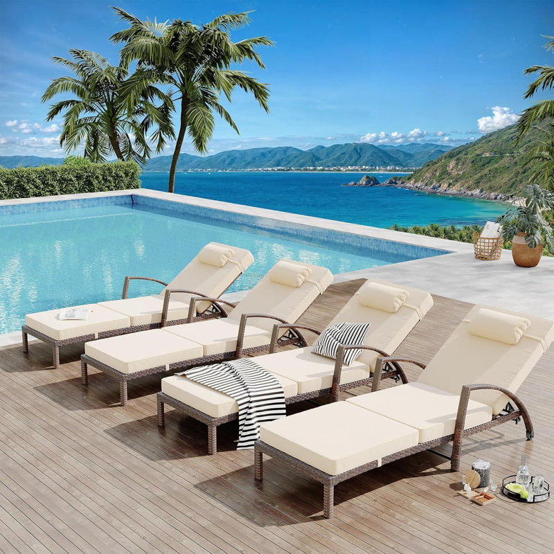 Outdoor Lounge Chairs,2pcs Wicker Pool Chaise Lounge Chairs,Patio Folding Chaise Lounge,5-Position Adjustable, Beige