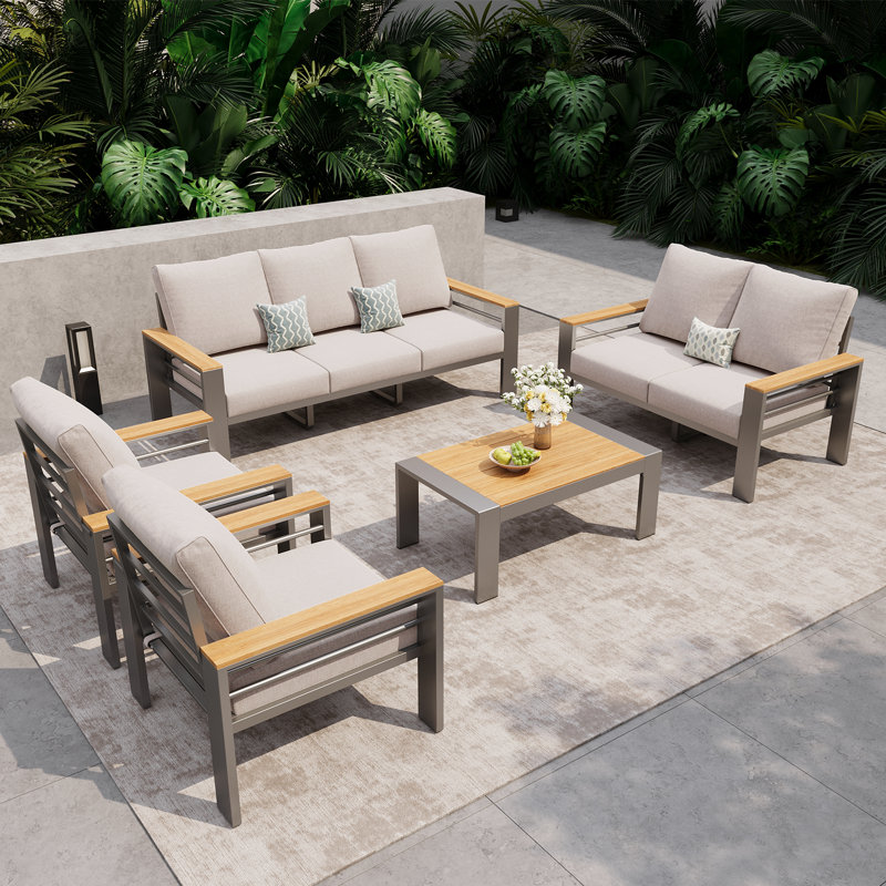 Ensemble de conversation de patio moderne en aluminium avec coussins amovibles faciles à nettoyer, Light Grey