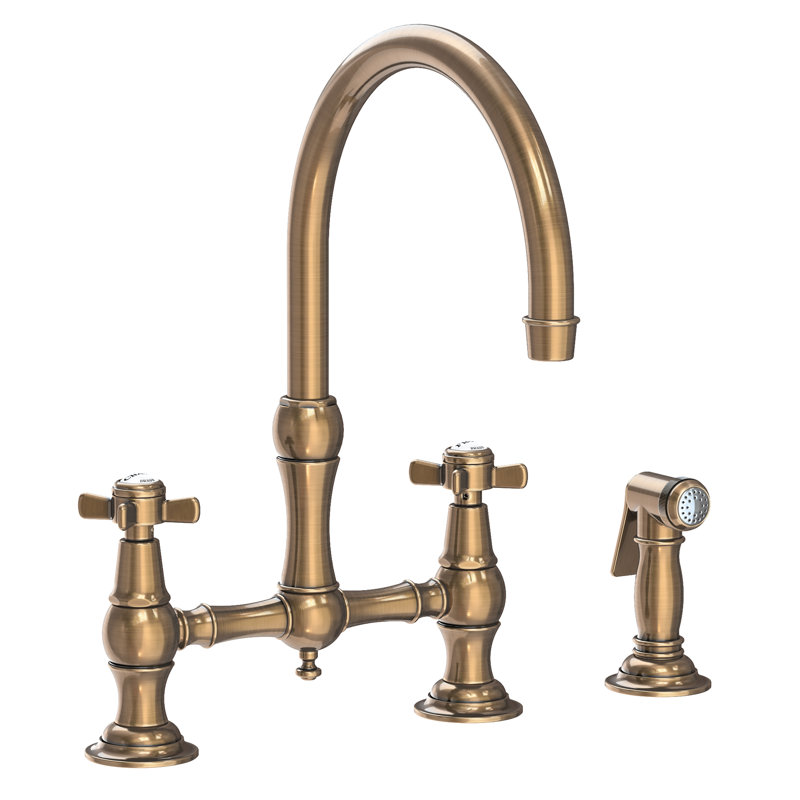 Fairfield Kitchen Bridge Faucet with Side Spray, Antique Brass