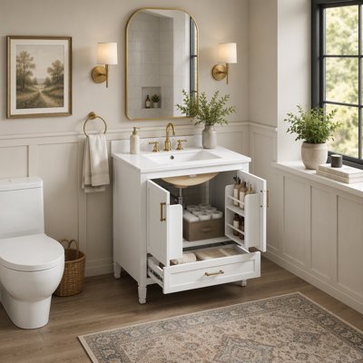 Meuble-lavabo cannelé élégant 30 po avec lavabo en céramique, boîte simple, pieds en bois massif, portes et tiroir à fermeture en douceur, tablette de porte, blanc
