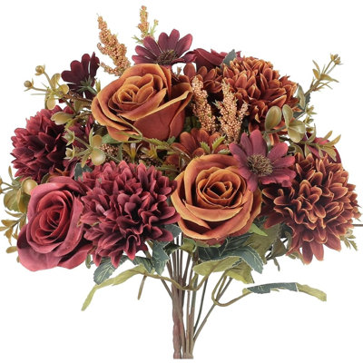 Ensemble de 2 bouquets artificiels de roses d'automne et d'hortensias - Fleurs de soie orange et rouges
