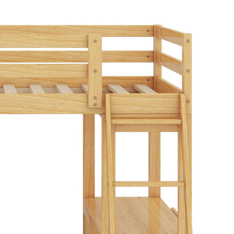 Solid Wood Twin Over Full Bunk Bed With Built-In Desk,  3 Drawers And Guardrail, Natural