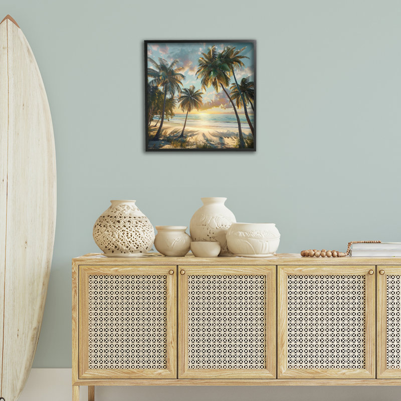 Coucher de soleil sur une plage tropicale à travers des palmiers, estampe numérique, design par LSR Creative Studio