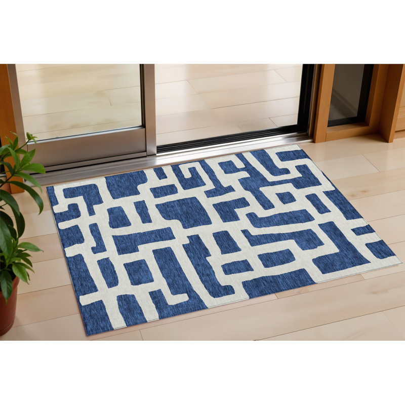 Tapis extérieur lavable abstrait bleu marine et ivoire 3 pi x 5 pi