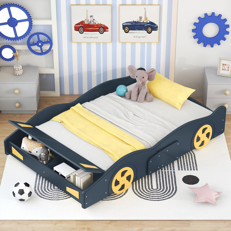 Lit plateforme double en forme de voiture de course avec rangement, aucun sommier requis, Bleu très foncé, Lit double