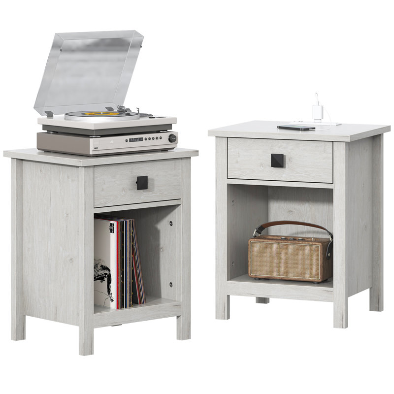 Thurma Table de chevet avec station de charge, table de chevet 23,6 po, Blanc, Ensemble de 2