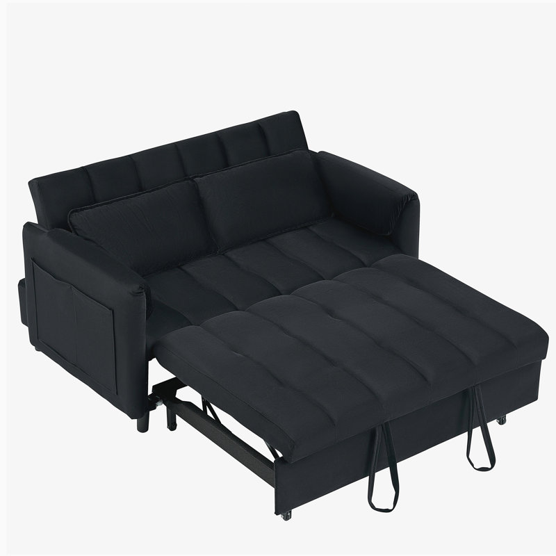 52" Modern Velvet Sofa Bed - 3-In-1 Convertible with Pillows & Side Pockets, Black