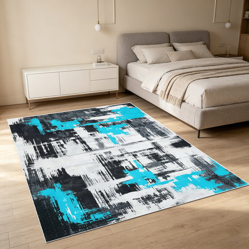 1PC Abstract Brushstroke Turquoise Black Gray area rugs for Living Room, Soft and Comfortable, easy-to-maintain, machine washable Indoor floor mat, Under Table Farmhouse suitable for Dining Table, Bedroom, Kitchen, Home Office, Patio, Entryway.