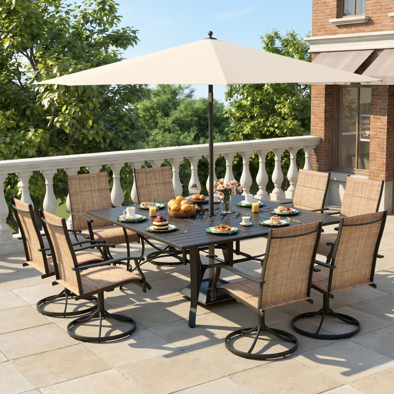 9-Piece Outdoor Patio Dining Set – Includes 8 Swivel Rocking Chairs and Square Metal Table with Umbrella Hole – Seats 8 for Backyard, Poolside, Balcony, and Garden Use, Brown