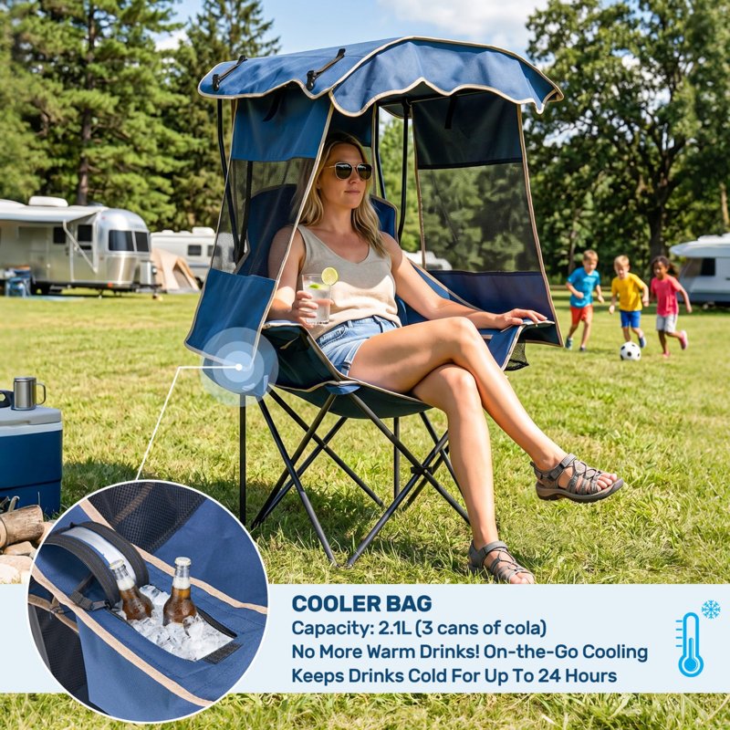 Single Outdoor Chair With Canopy Shade, Folding Reclining Beach Chair With Cup Holder And Cooler Bag, Lightweight Lounge Chair