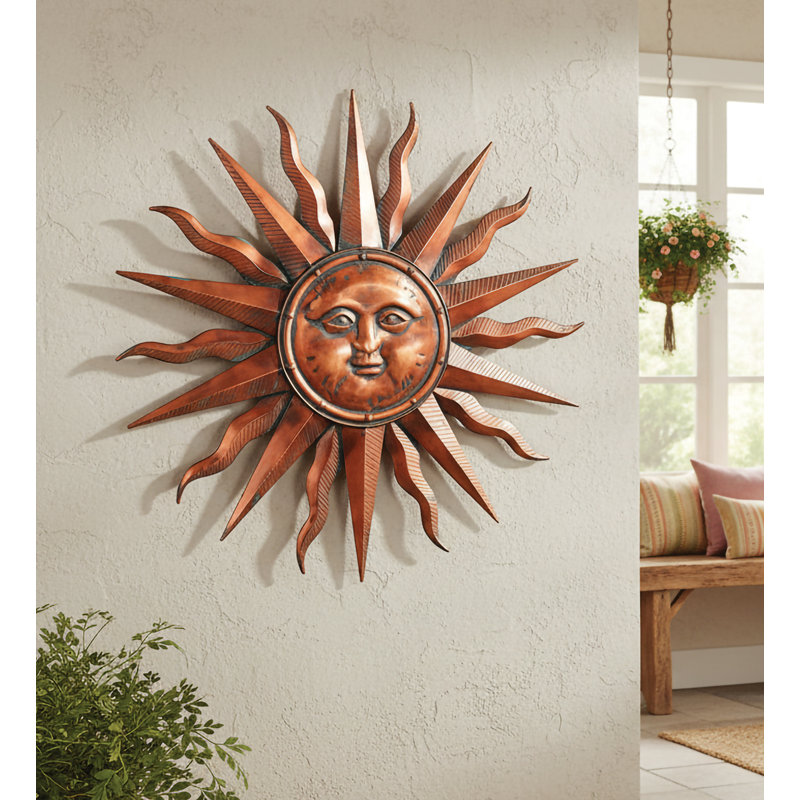 Décoration murale d'extérieur 40 pouces en métal Sun avec finition multicolore résistante aux intempéries pour la décoration intérieure et extérieure - Patine cuivre