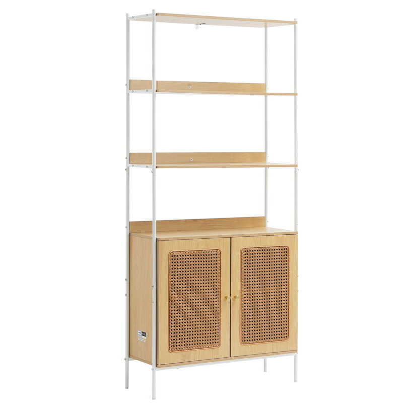 Rattan Bookshelf Ladder Shelf with 2 Doors Rectangle Storage Rack Natural