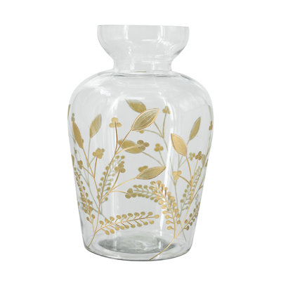 Vase incurvé en verre avec motifs floraux dorés - 8 po de diamètre x 12,6 po - transparent / doré