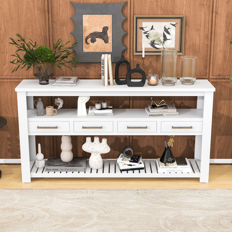 Eco-Friendly Console Table with Metal Handles and Ample Storage, White
