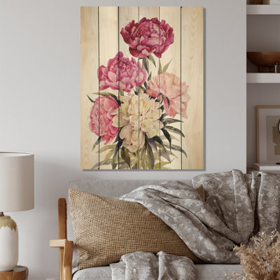 Bouquet de pivoines roses et blanches - reproduction traditionnelle sur bois
