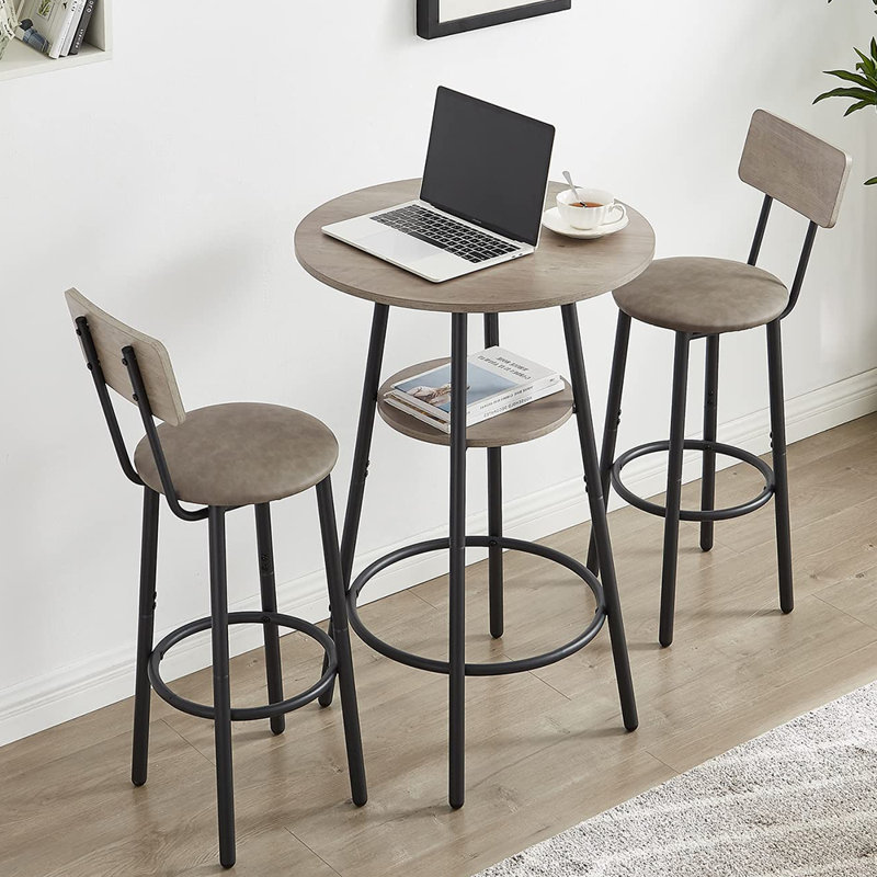 3-Piece Bar Table Set for 2, 2-Tier Round Bistro Dining Table & PU Stools, Counter Height Table, Gray, Black/Gray