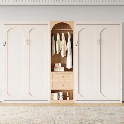 Deux lits simples dans un lit escamotable avec garde-robe, rangement et deux tiroirs, beige et bois (heure d’arrivée prévue: 9,17)