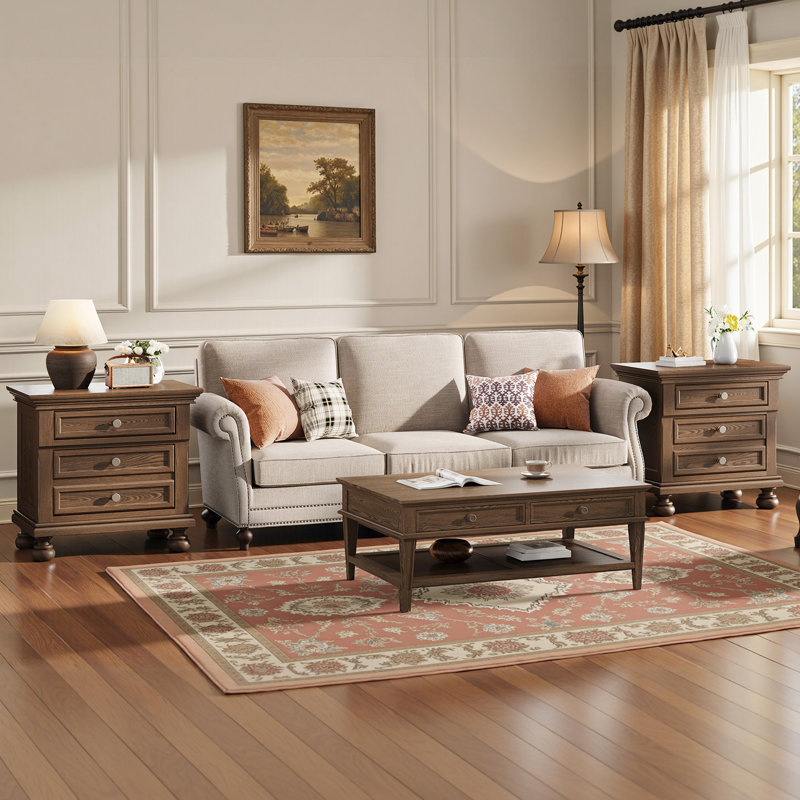 26'' W Classic Solid Wood 2-Drawer Nightstand with Roman Column Legs,Minimal Assembly Needed,Light Brown