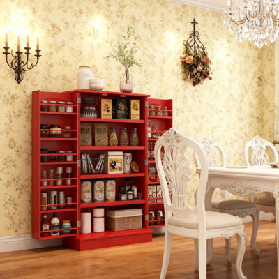 Kitchen Sideboard In Red, Double Doors, 5 - Tier Storage, 12 Spice , Tipping, Assembly Required